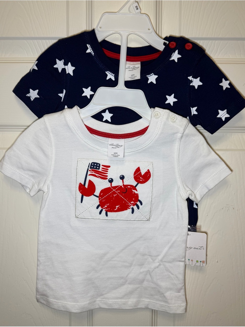 Starting Out White & Navy Short Sleeve Tees with Red Crab Accent